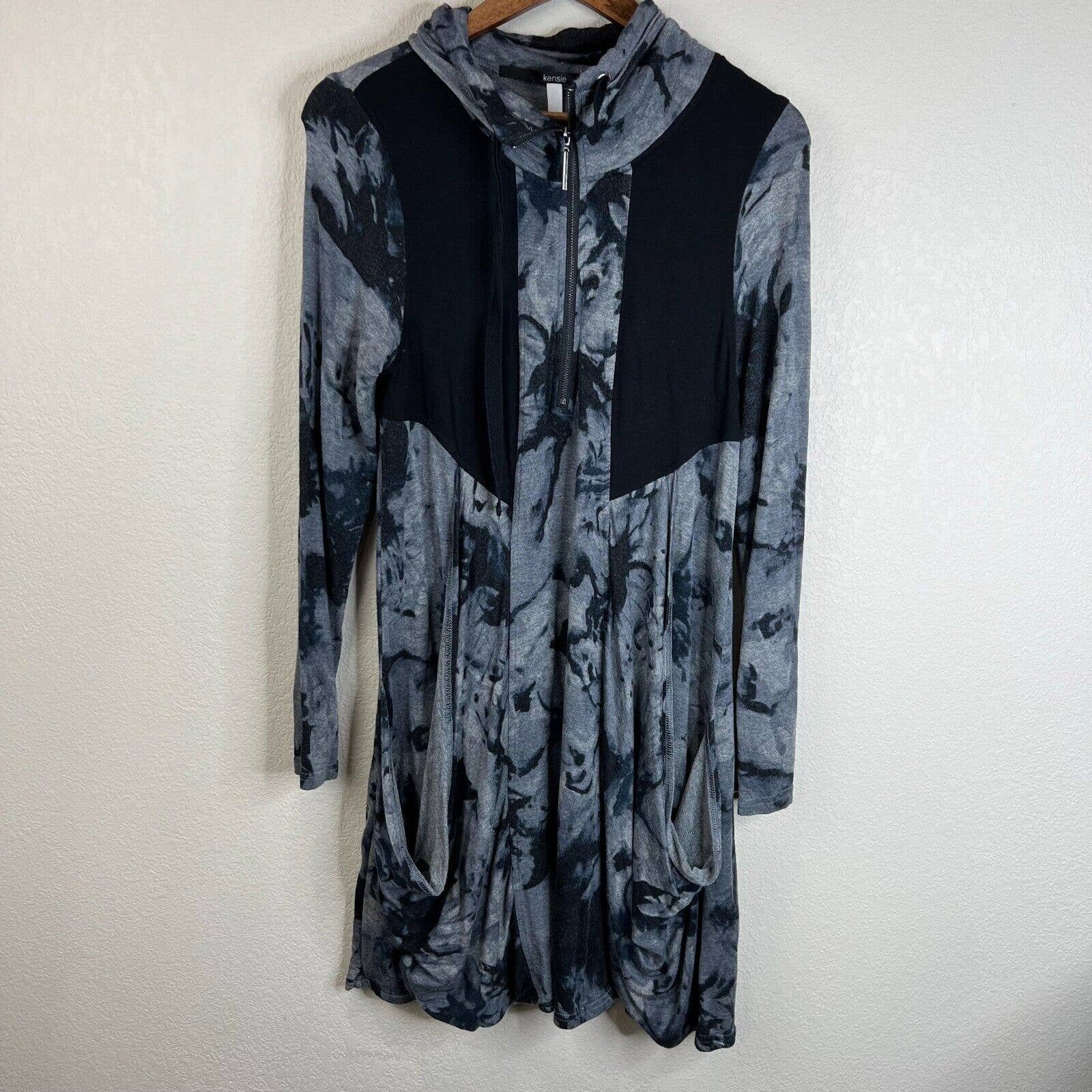 Kensie Womens Long Sleeve Zip Up Dress Medium Drape Boho Tie Dye Gray Lagenlook